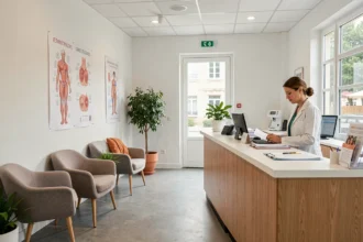 Salle d'attente d'un cabinet de dermatologie moderne en Loire-Atlantique avec une dermatologue en blouse blanche
