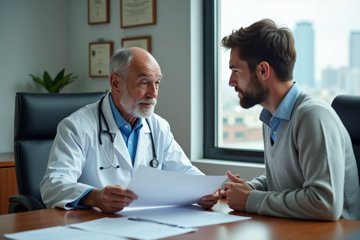 Docteur expliquant r&eacute;sultats &agrave; un patient dans un bureau
