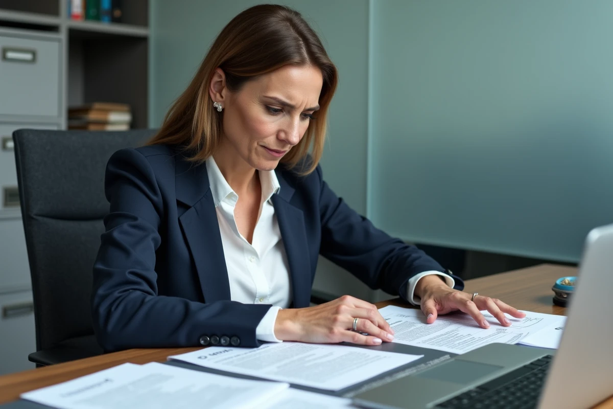 Femme examinant des formulaires d'indemnisation IPP liés à une maladie professionnelle dans un bureau administratif