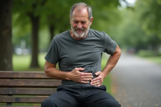 Homme d'âge moyen assis sur un banc tenant son aine gauche avec une expression de douleur chronique