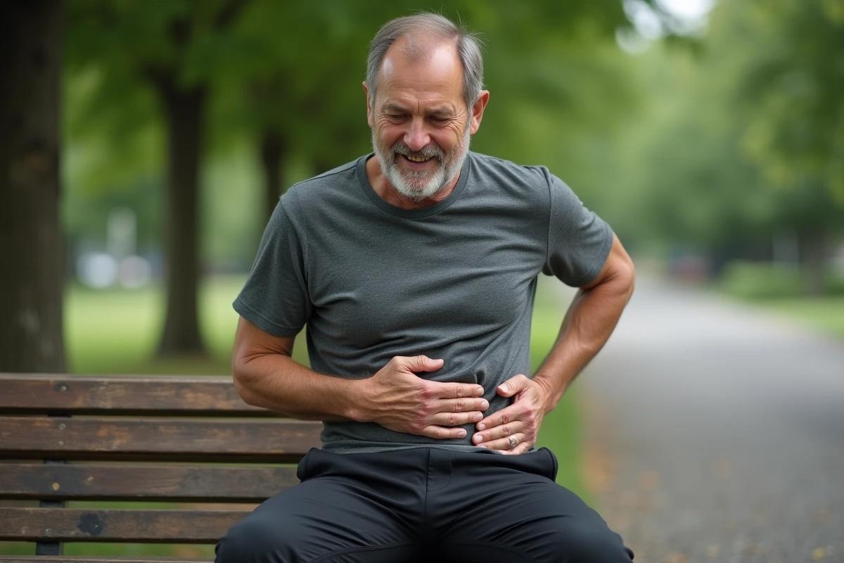 Homme d'âge moyen assis sur un banc tenant son aine gauche avec une expression de douleur chronique