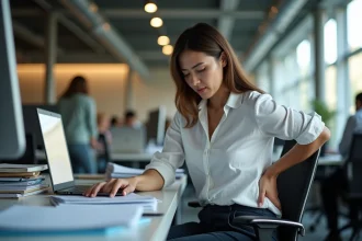 Femme au bureau souffrant d'une douleur dans le bas du dos côté droit liée au stress au travail