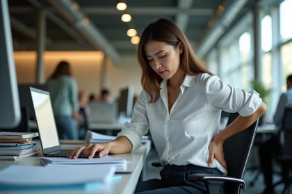 Femme au bureau souffrant d'une douleur dans le bas du dos côté droit liée au stress au travail