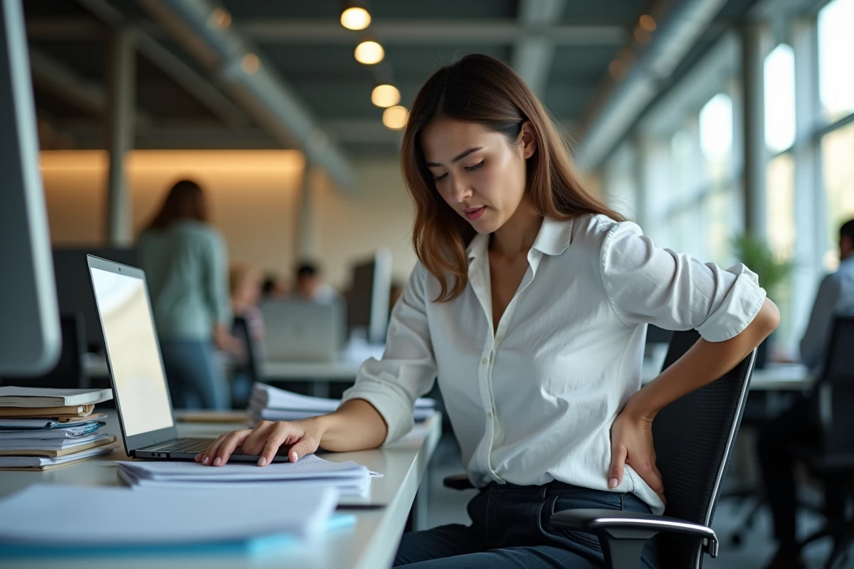 Femme au bureau souffrant d'une douleur dans le bas du dos côté droit liée au stress au travail