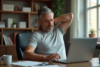 Homme d'âge moyen assis à son bureau tenant son haut du dos gauche avec une expression de douleur légère