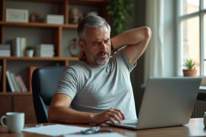 Homme d'âge moyen assis à son bureau tenant son haut du dos gauche avec une expression de douleur légère
