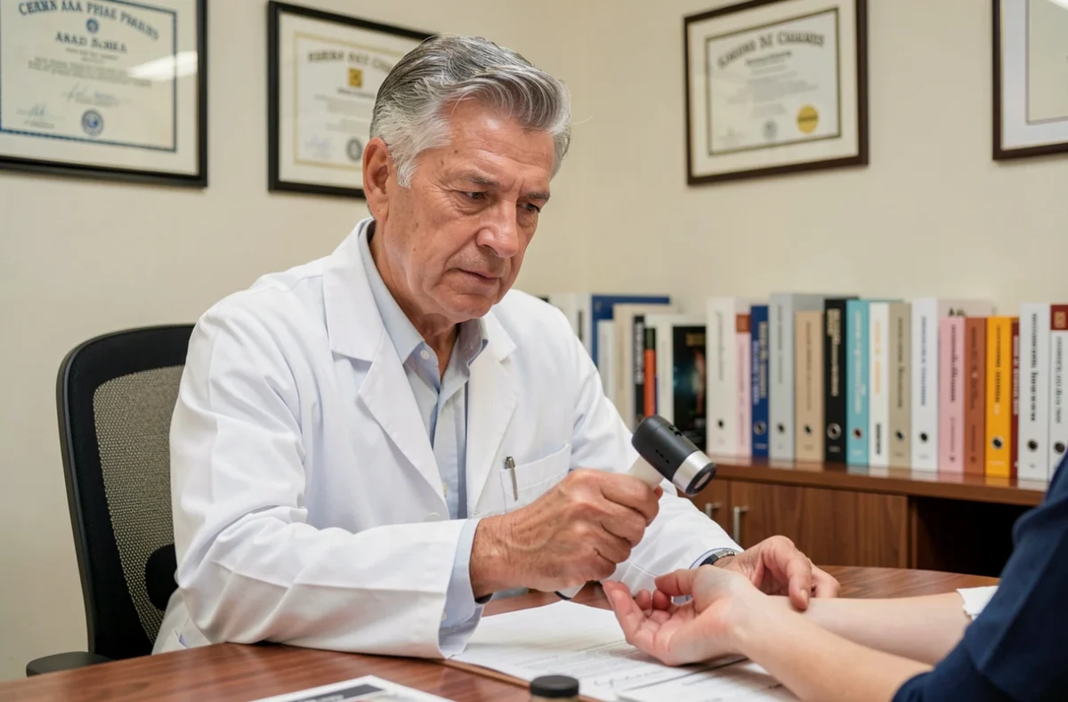 Dr Jean Billet, dermatologue à Nantes, examinant la peau d'un patient avec un dermatoscope en cabinet