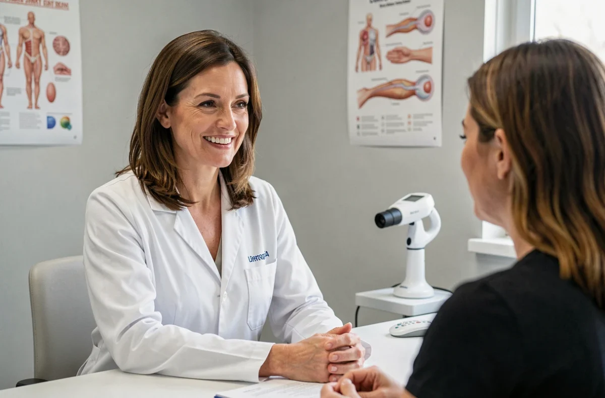 Dr Julie Chevallier, dermatologue à Nantes, lors d'une consultation avec une patiente dans son cabinet
