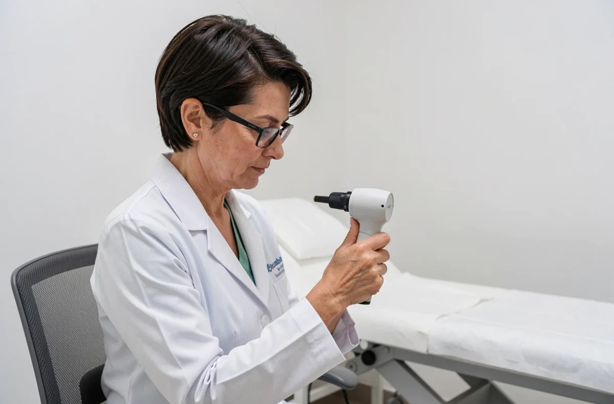 Dr Nathalie Ballandras-Bretin, dermatologue à Nantes, examinant des images dermatologiques dans son cabinet