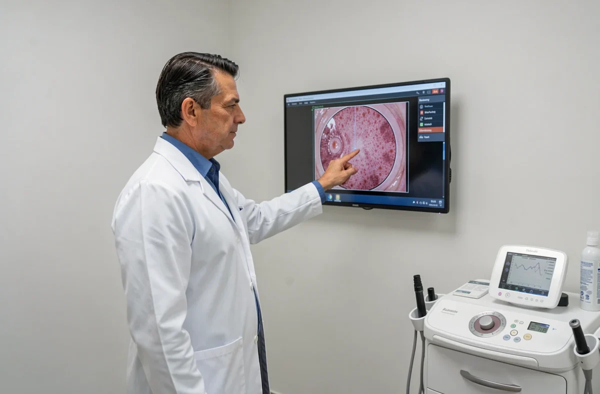 Dr Olivier Jumbou, dermatologue à Nantes, présentant une image dermatoscopique sur écran numérique