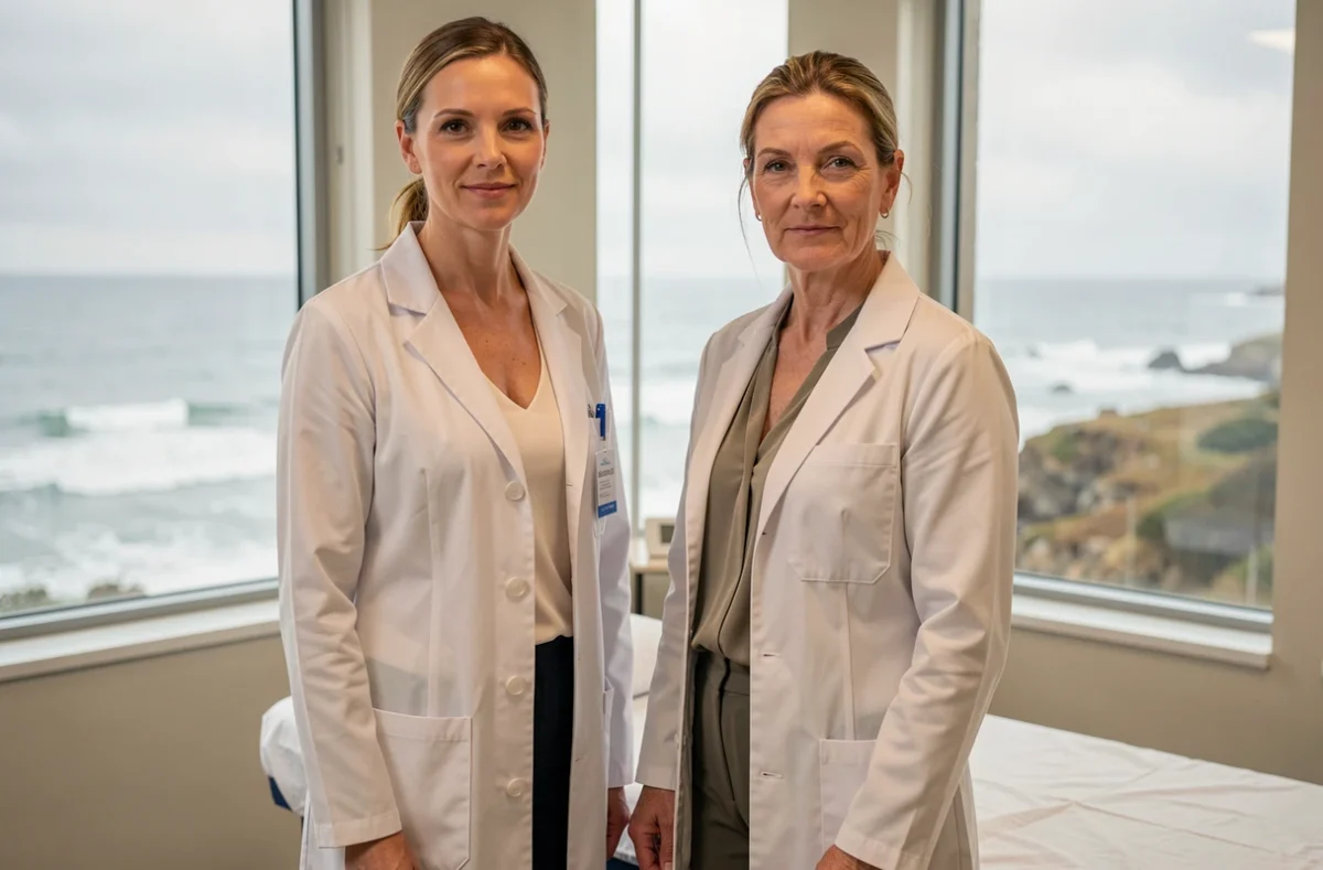 Dr Sophie Osdoit, dermatologue à Saint-Nazaire, dans son cabinet médical avec vue sur la région côtière
