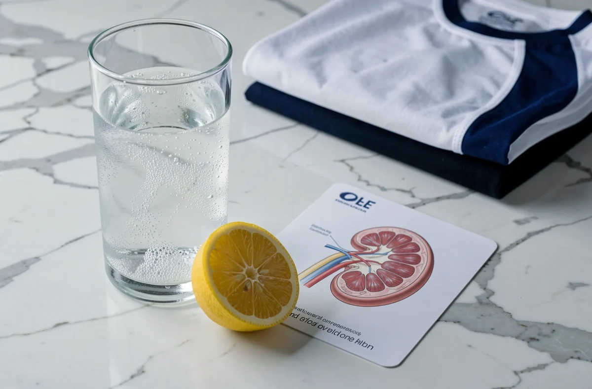 Verre d'eau minérale bicarbonatée avec citron et équipement sportif sur un plan de travail en marbre pour illustrer la santé rénale