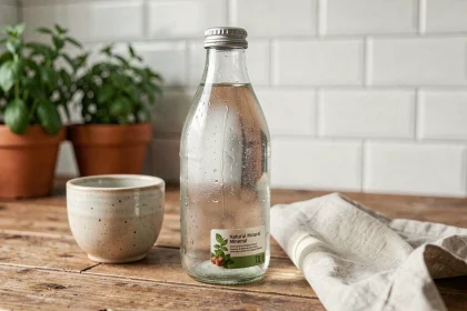 Bouteille d'eau minérale Saint-Antonin posée sur une table en bois avec une tasse en céramique, dans une cuisine lumineuse