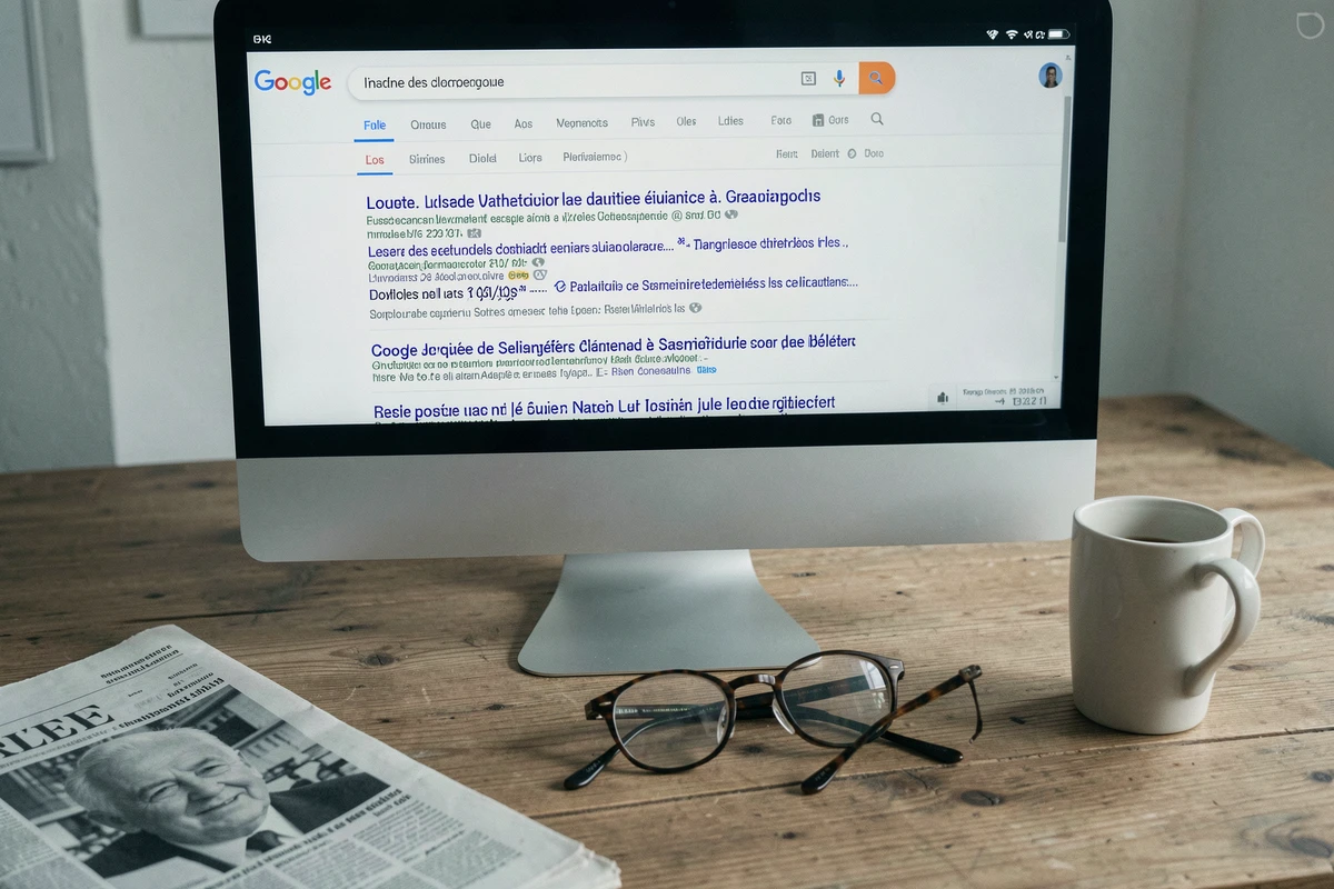 Écran d'ordinateur affichant des résultats Google sur Alain Madelin avec journal et lunettes posés sur un bureau