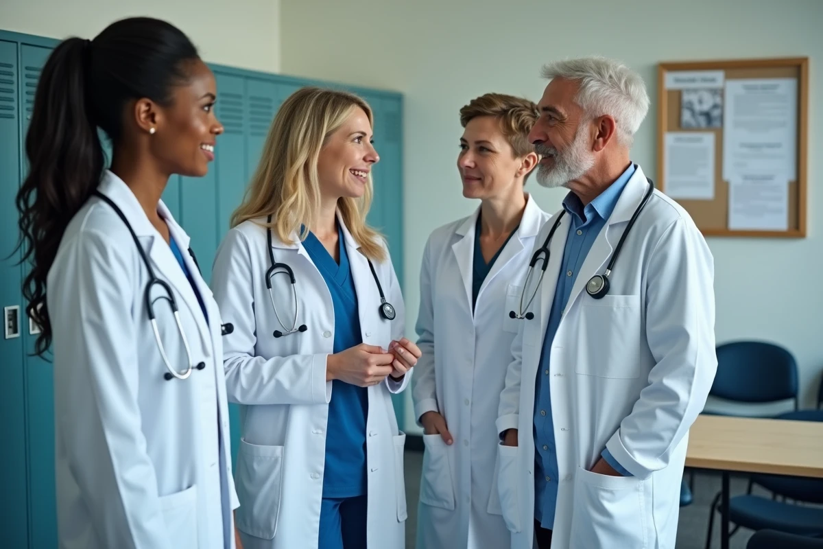 Équipe médicale en discussion dans salle de repos hospitalière