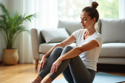 Femme &eacute;tirant son pied pour soulager une &eacute;pine calcan&eacute;enne &agrave; domicile sur un tapis de yoga