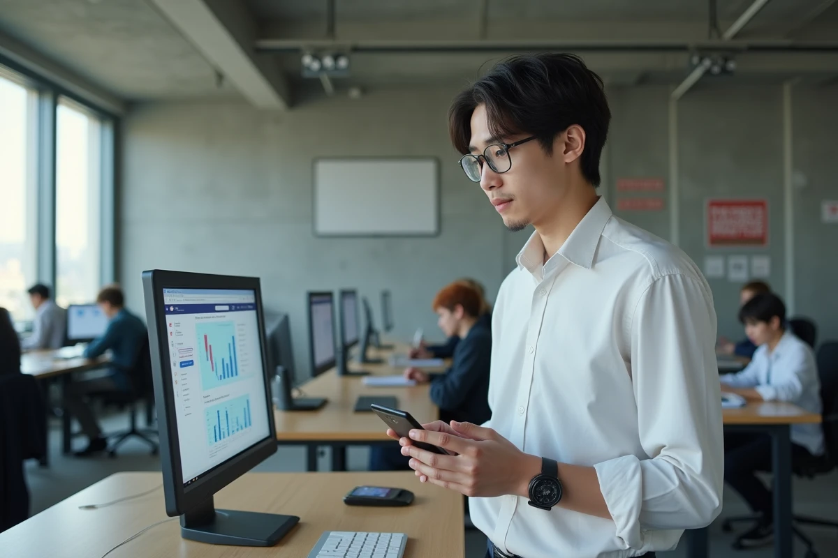Étudiant comparant l'interface Cristolink et l'ENT universitaire sur deux onglets ouverts dans un espace de travail moderne