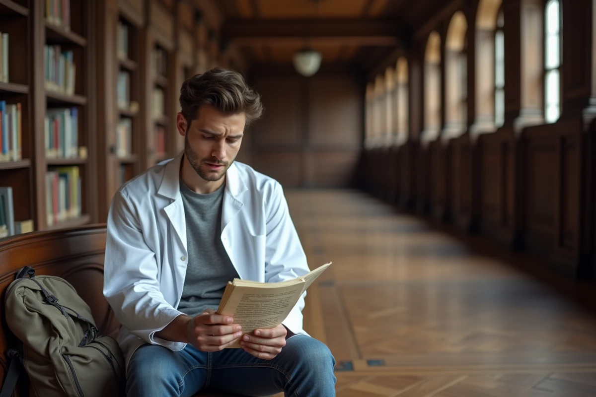 Étudiant en médecine lisant et annotant le texte de la loi Rist dans une bibliothèque universitaire française