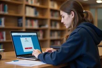 Étudiante connectée à un portail universitaire ENT sur son ordinateur portable dans une bibliothèque universitaire