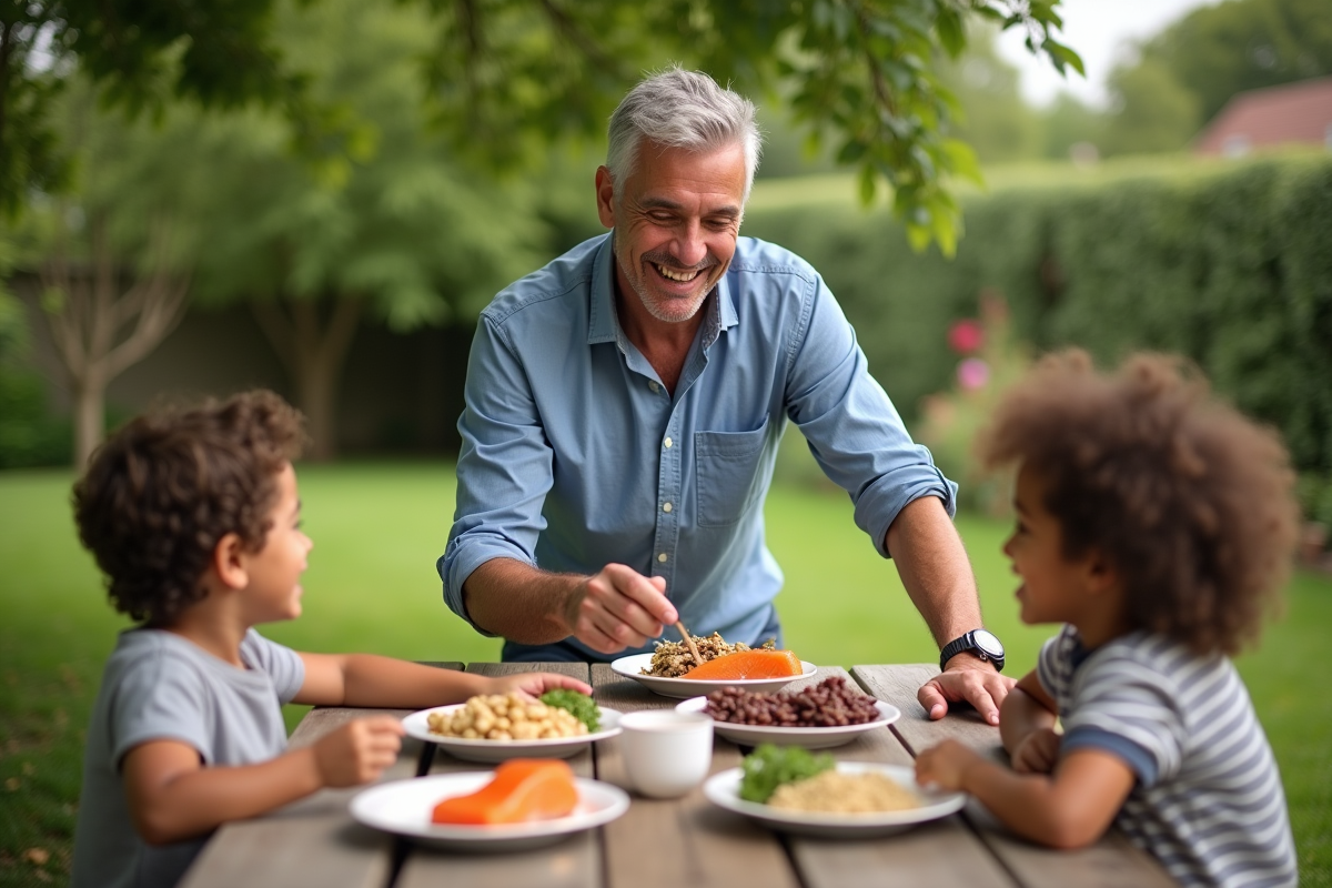 Famille partageant un repas protéine en plein air dans un jardin