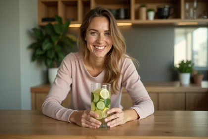 Femme sportive souriante avec eau detox citron concombre