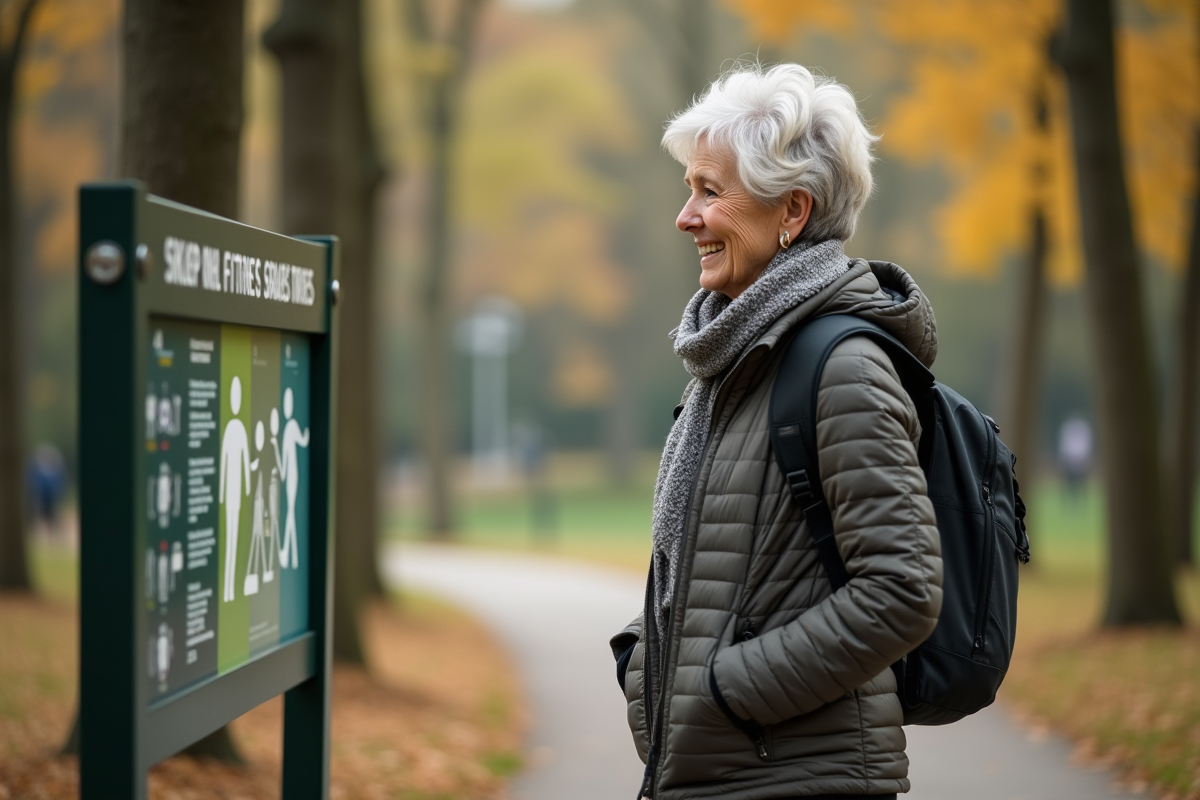 Femme active de 70 ans lit une panneau dans un parc