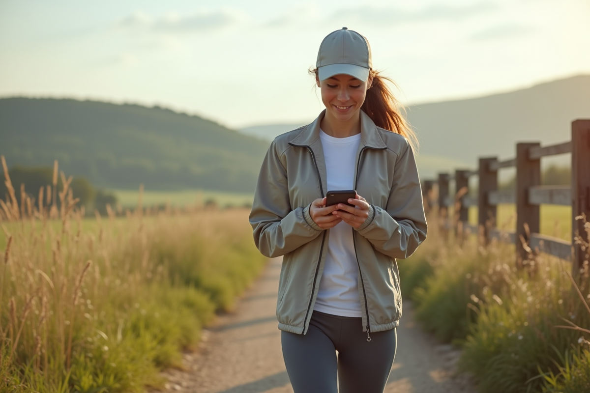 Jeune femme marche dans la campagne en vérifiant son pas