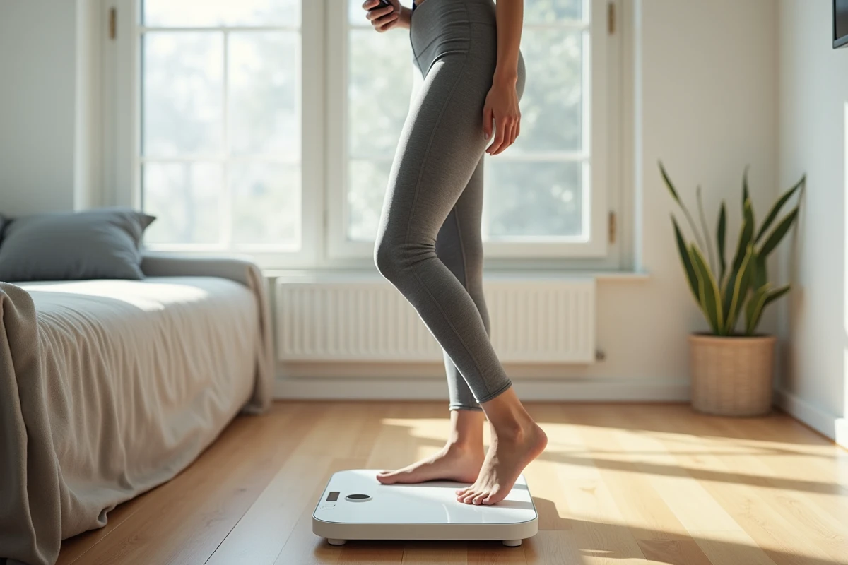 Femme en sport sur une balance connectée dans un appartement lumineux