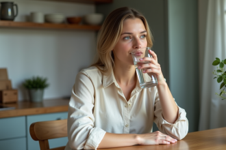 Femme buvant de l'eau plate dans une cuisine lumineuse