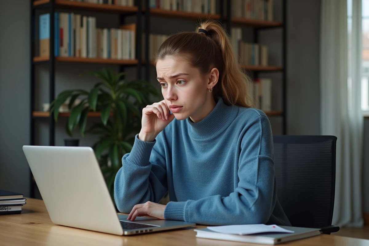 Jeune femme au bureau regarde son ordinateur avec frustration