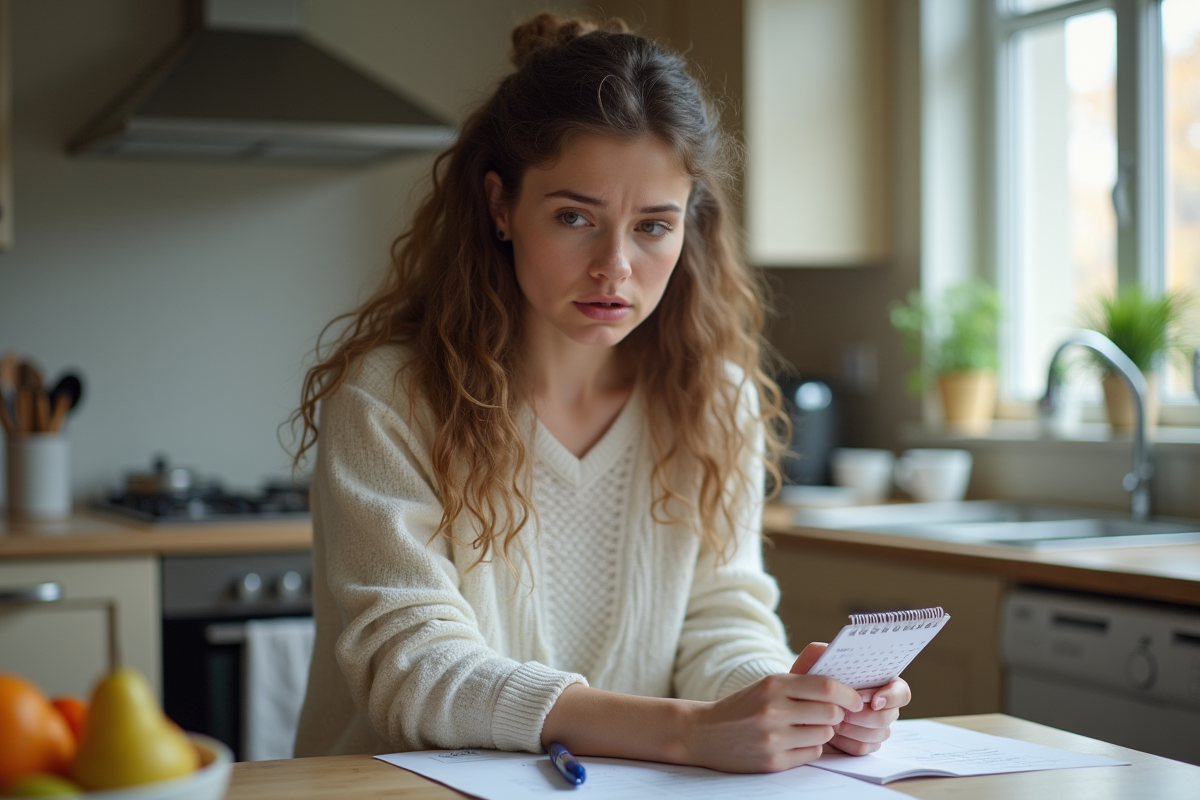 Femme avec calendrier dans une cuisine moderne