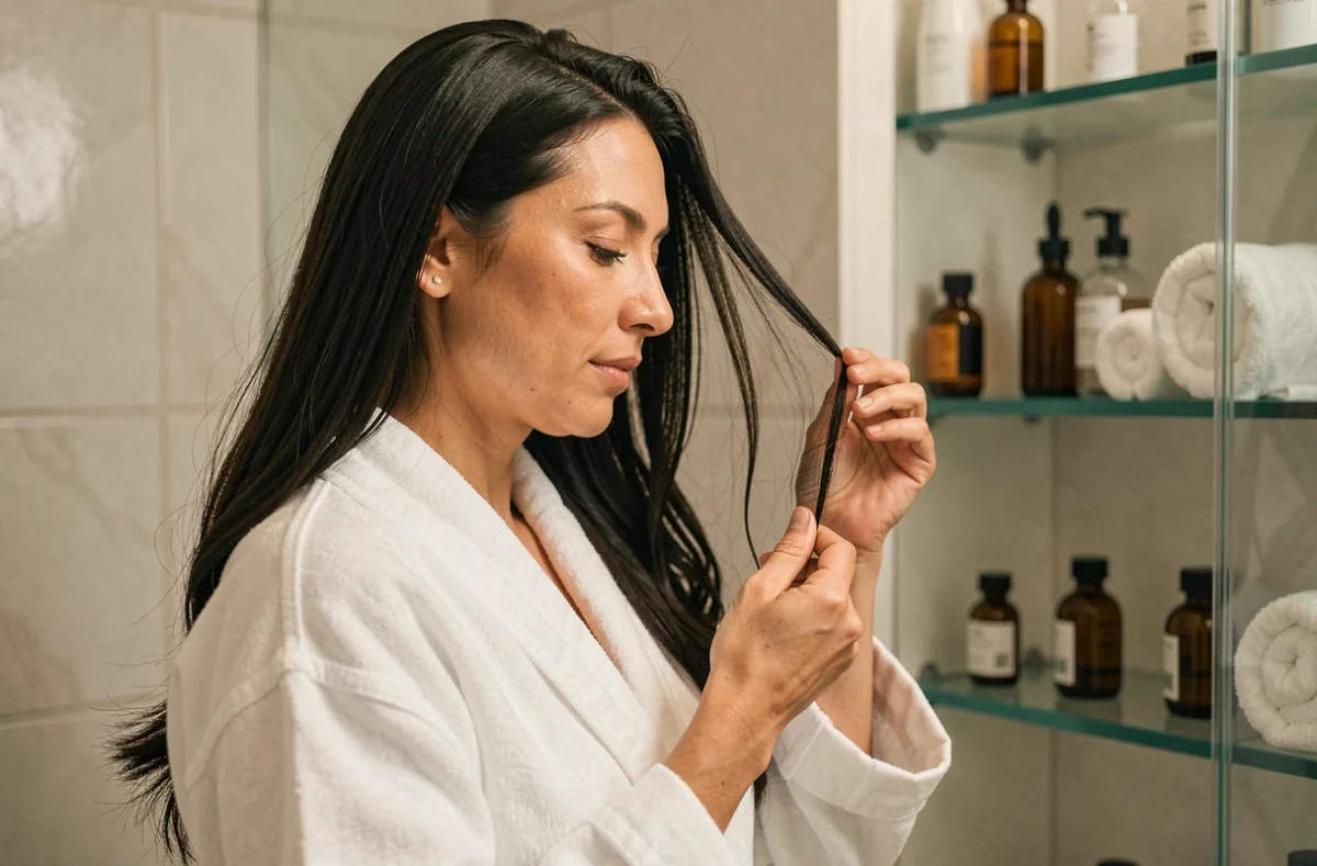 Femme examinant ses cheveux brillants et en bonne santé dans une salle de bain élégante après une cure de compléments alimentaires