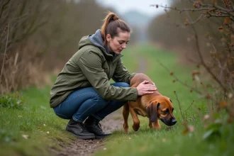 Femme inquiète avec son chien près de prunelles sauvages