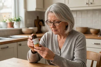 Femme de plus de 50 ans lisant attentivement l'étiquette d'un flacon de complément alimentaire au silicium organique dans sa cuisine