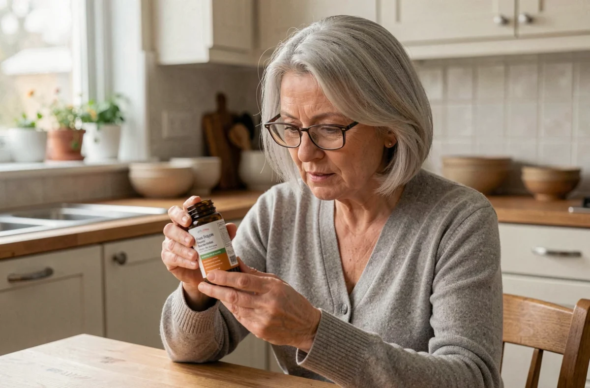Femme de plus de 50 ans lisant attentivement l'étiquette d'un flacon de complément alimentaire au silicium organique dans sa cuisine
