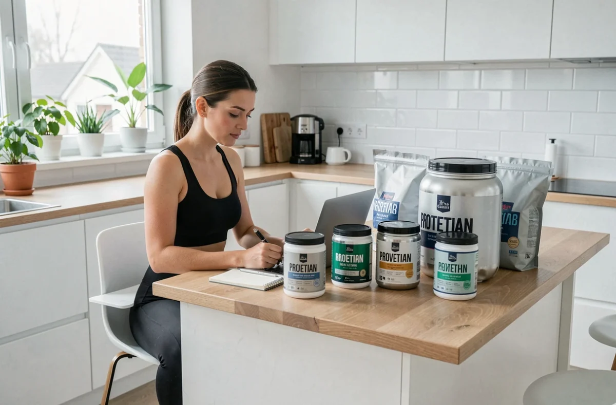 Femme sportive comparant des offres de protéines Myprotein en gros volumes depuis sa cuisine moderne pour une stratégie d'achat rentable