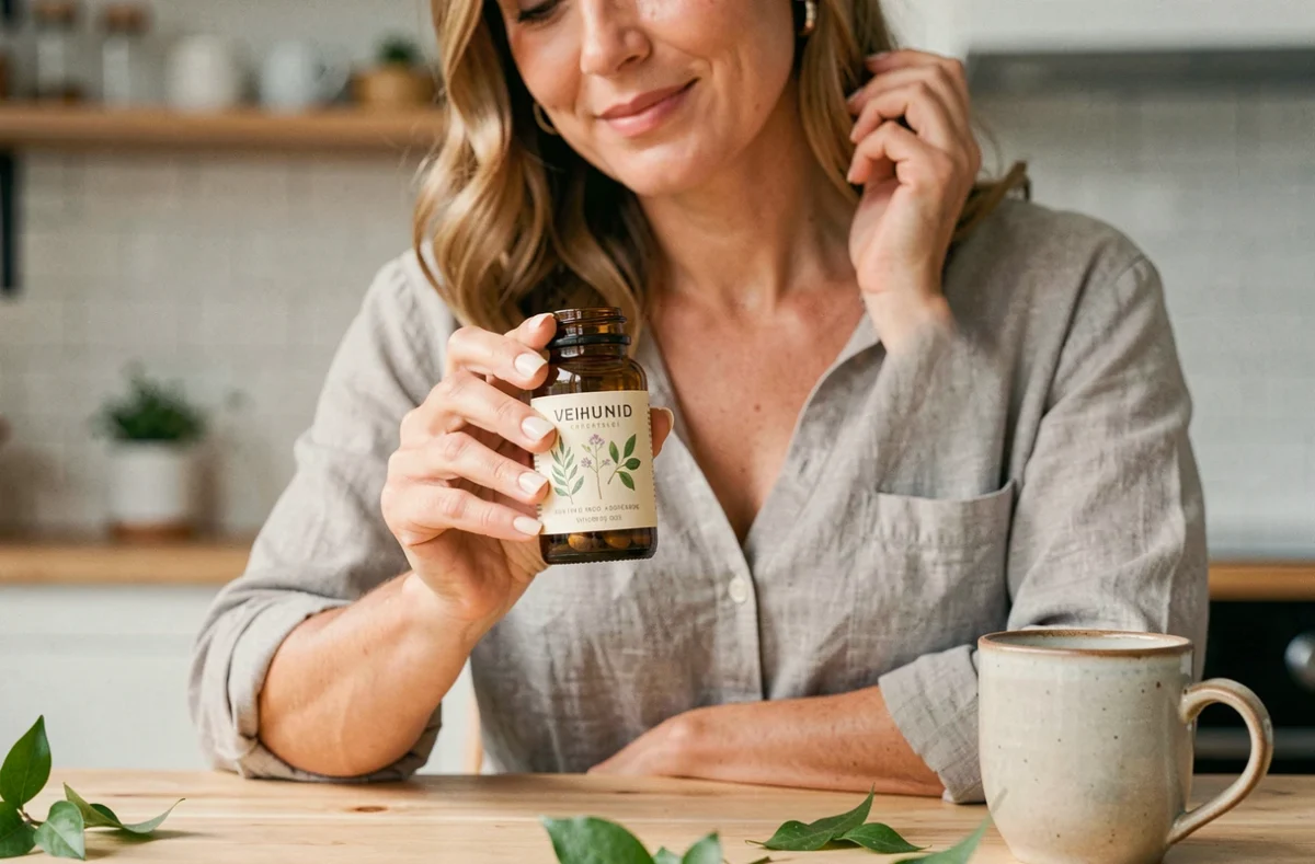 Femme tenant un flacon de complément alimentaire Innovit pour la peau les cheveux et les ongles dans une cuisine lumineuse