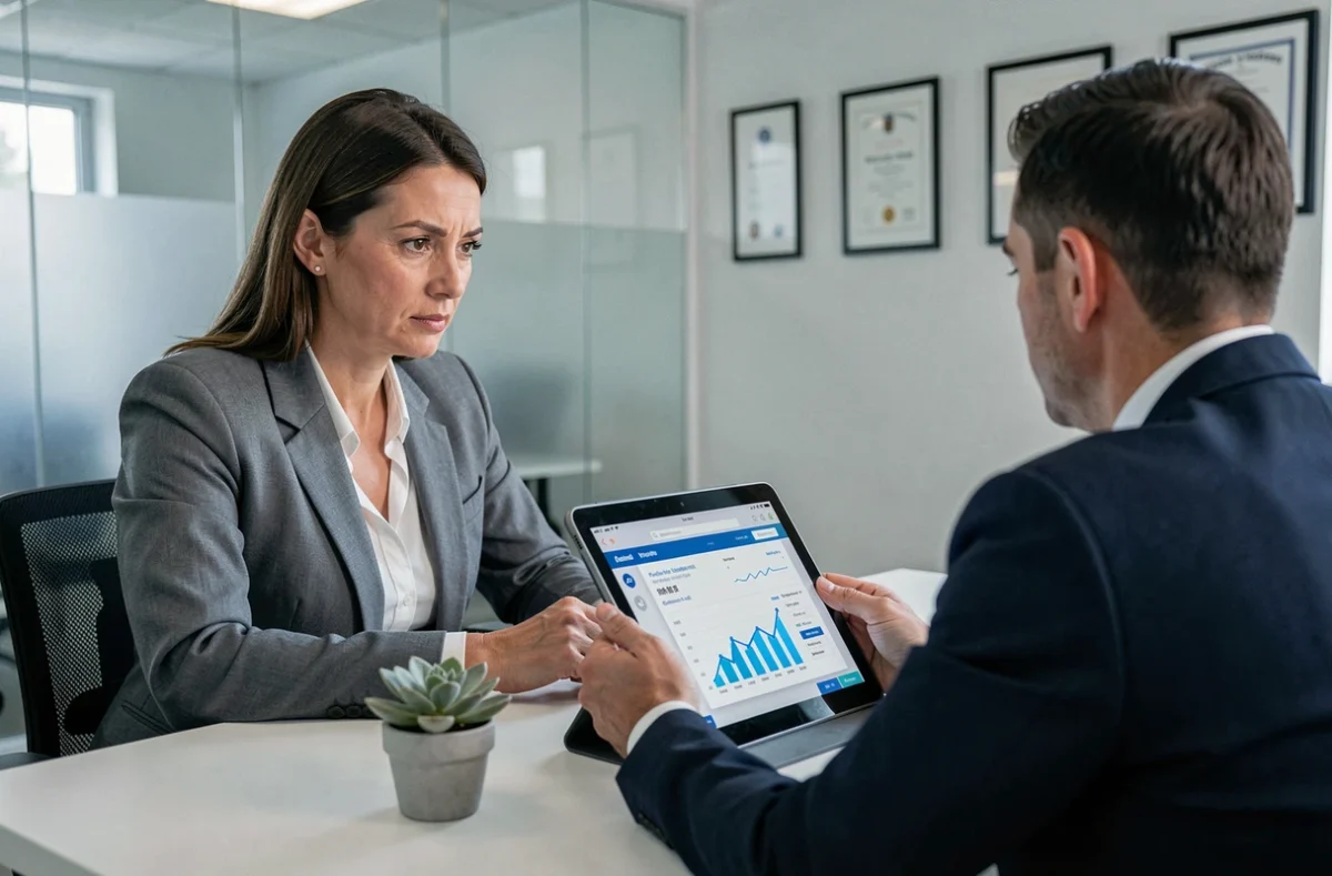 Femme consultant un conseiller en assurance dans une agence moderne, analysant les termes d'un contrat ECA sur une tablette numérique