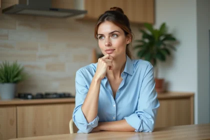 Femme en r&eacute;flexion dans une cuisine moderne et chaleureuse