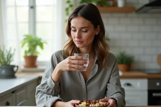 Femme tenant un verre d'eau avec un bol de noix sur une table en bois, illustrant la gestion de la faim nerveuse avec des coupe-faim naturels