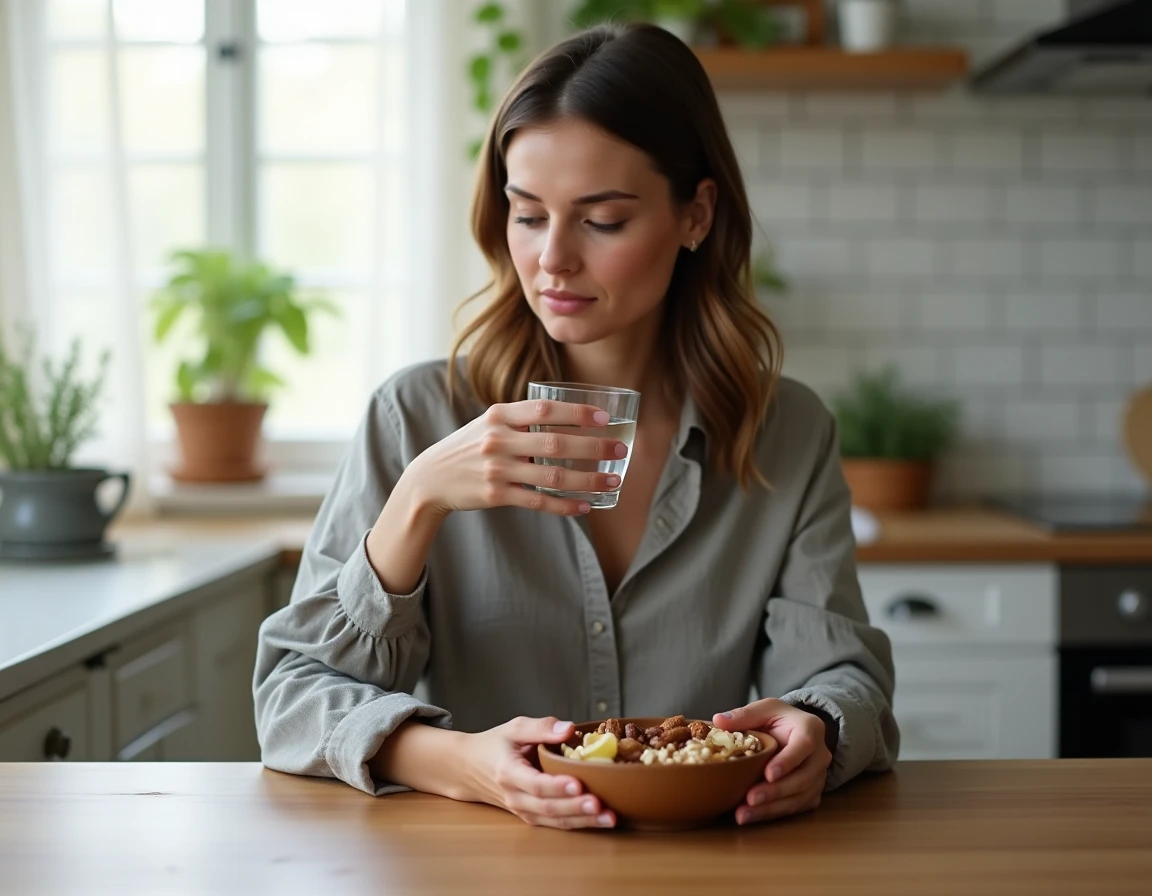 Femme tenant un verre d'eau avec un bol de noix sur une table en bois, illustrant la gestion de la faim nerveuse avec des coupe-faim naturels