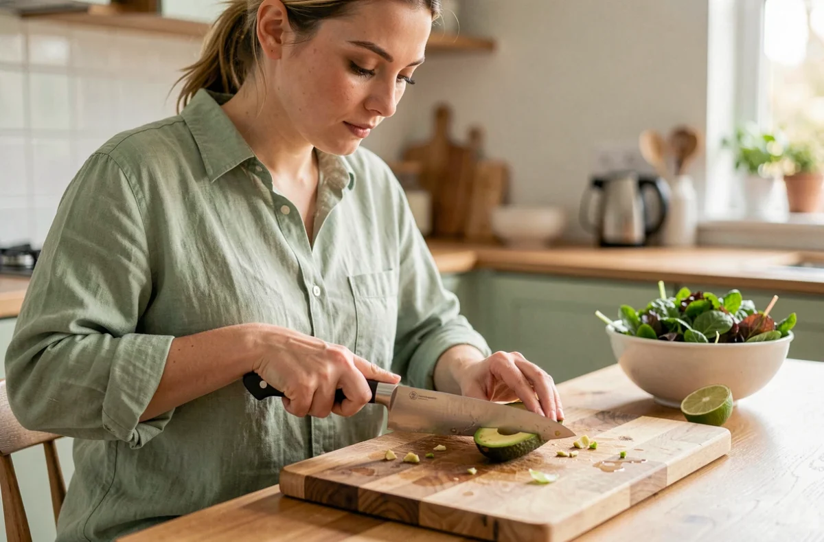 Femme coupant un avocat en deux sur une planche à découper en bois dans une cuisine de style scandinave