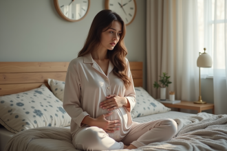 Jeune femme en pyjamas dans son lit avec expression réfléchie