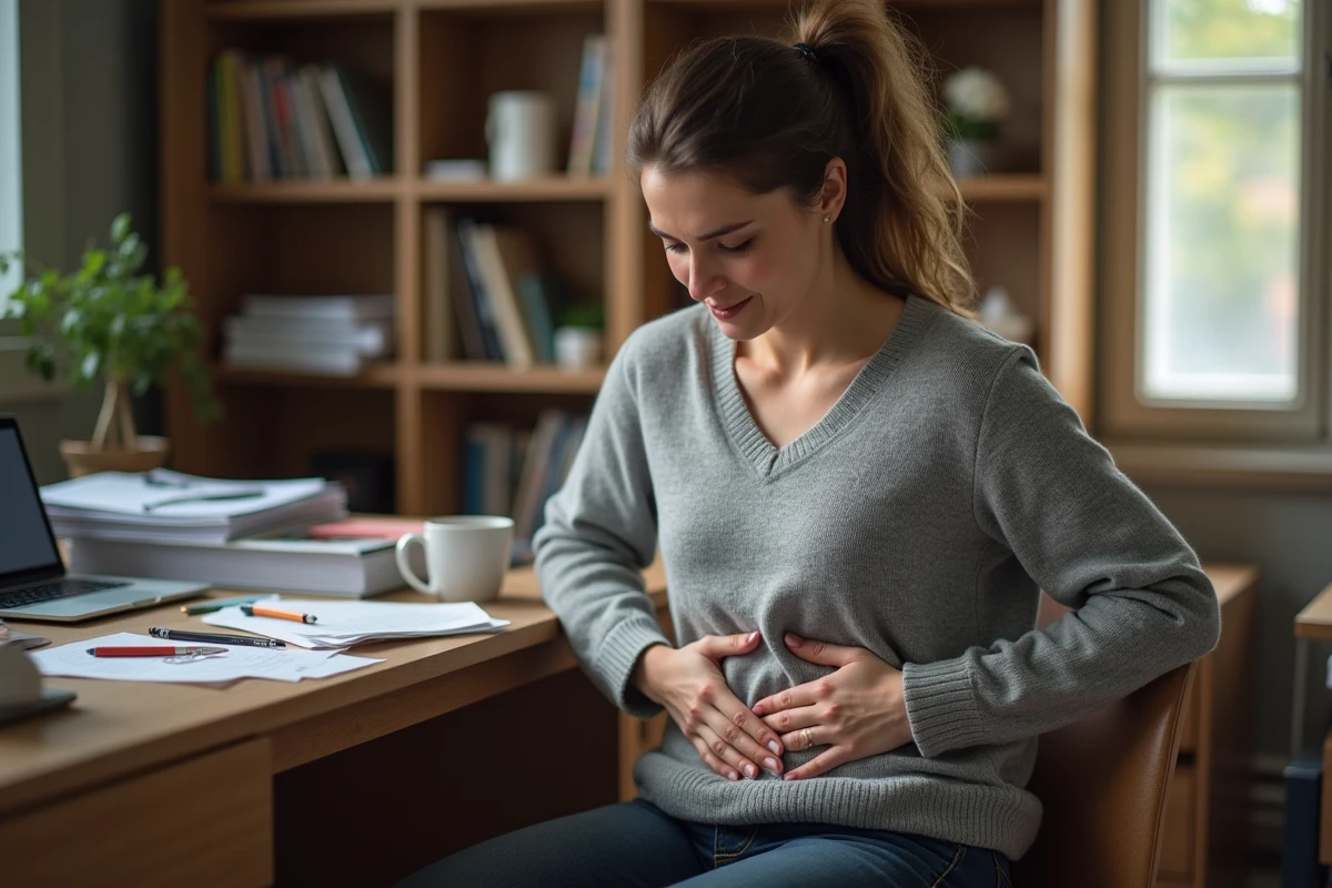 Femme tenant son bas-ventre avec une expression de gêne, assise à un bureau encombré, illustrant la douleur liée aux kystes ovariens et au stress chronique