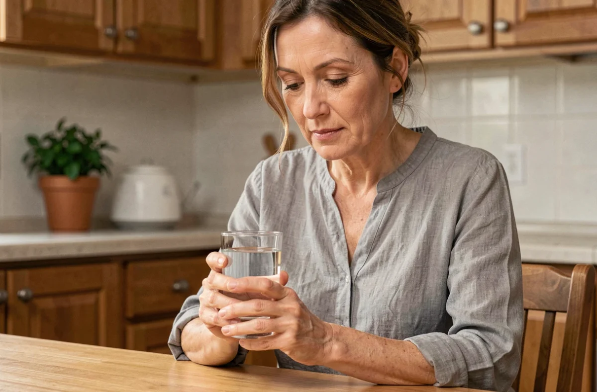 Femme d'une quarantaine d'années tenant un verre d'eau minérale à la cuisine, air serein et détendu