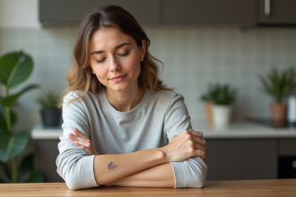Femme examinant une peau irritée sur son bras