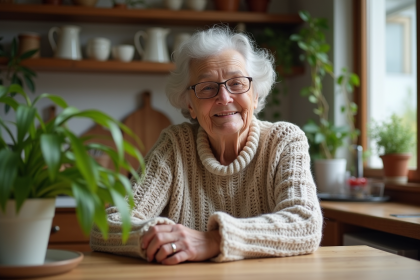 Femme âgée en sweater tricoté s'occupant d'une plante