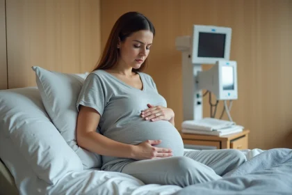 Femme enceinte assise sur un lit d'hôpital tenant son ventre avant l'accouchement prématuré