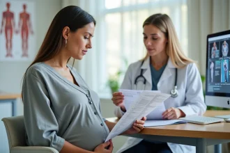 Femme enceinte consultant ses résultats d'analyses ALAT SGPT avec son médecin gynécologue en cabinet médical