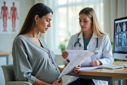 Femme enceinte consultant ses résultats d'analyses ALAT SGPT avec son médecin gynécologue en cabinet médical